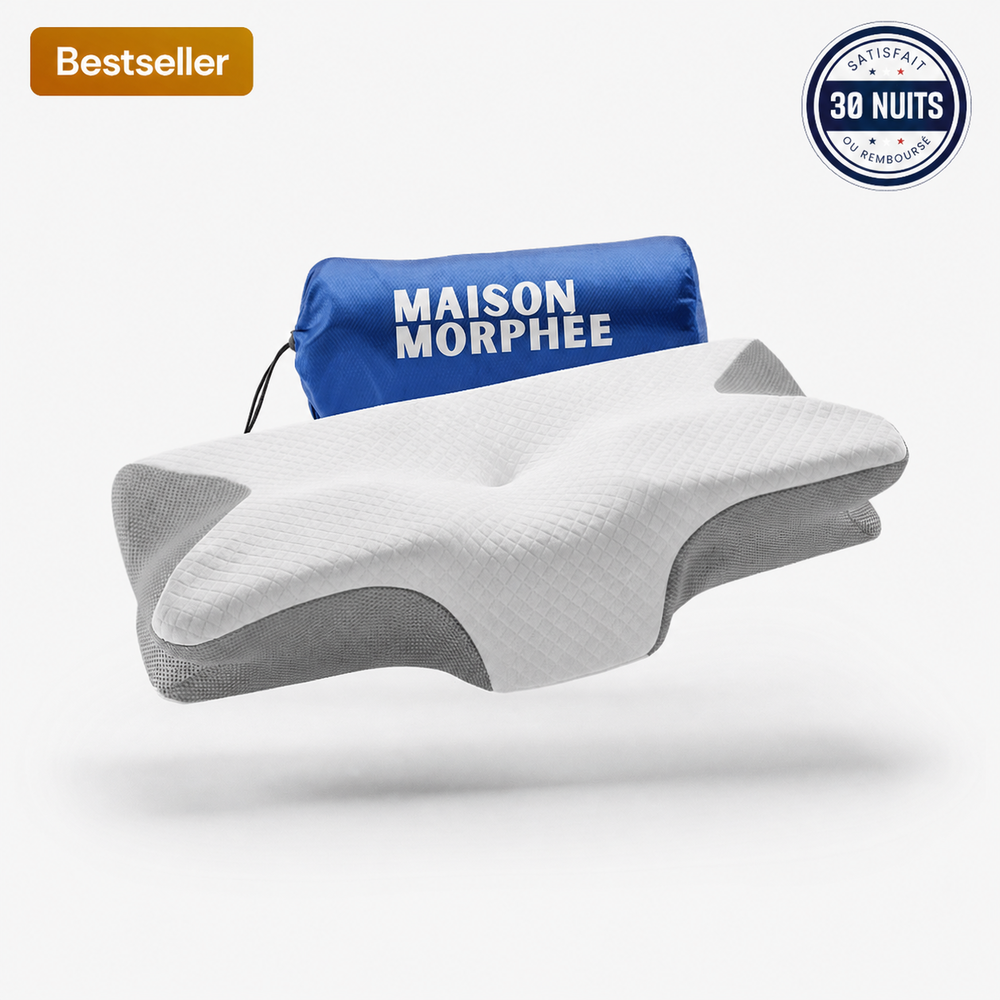 Maison Morphée — oreiller ergonomique cervical gris avec sac de transport